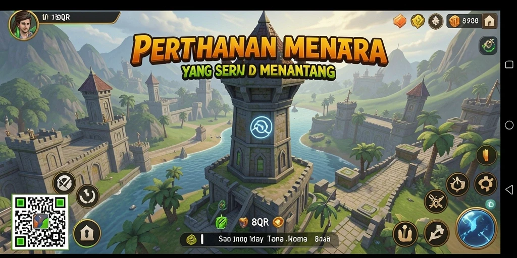 Tampilan gameplay yang mendebarkan di 8QR saat mempertahankan menara.