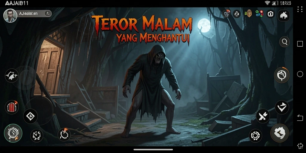 Screenshot utama AJAIB11 menampilkan suasana mencekam di dalam rumah angker.