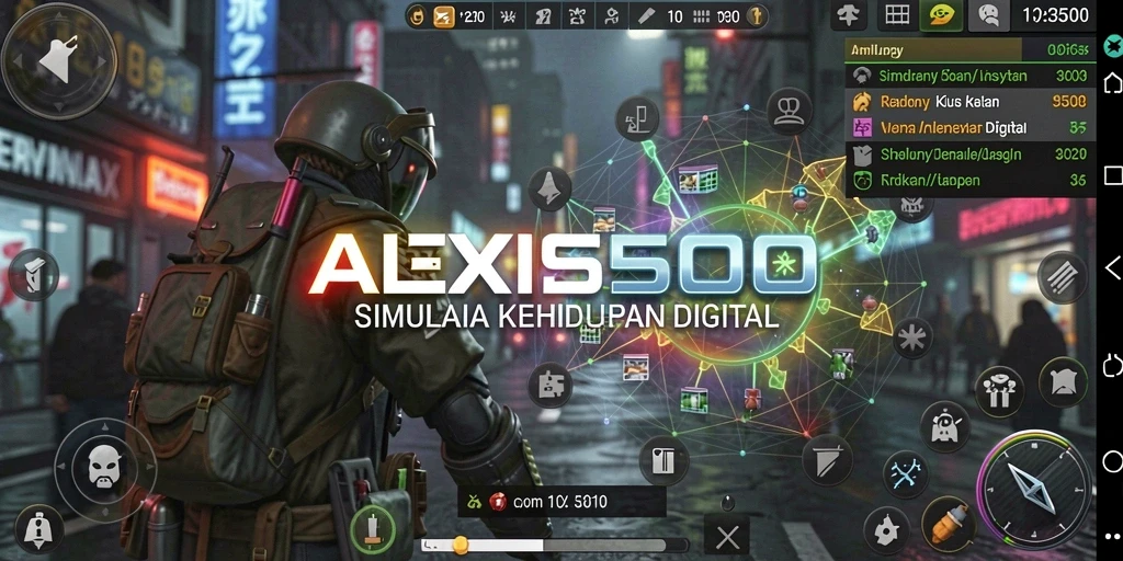 Tampilan utama gameplay ALEXIS500 dengan karakter dan lingkungan yang interaktif.