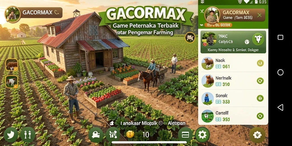 Screenshot gameplay GACORMAX menampilkan ladang yang sedang dirawat dan hasil panen yang melimpah.
