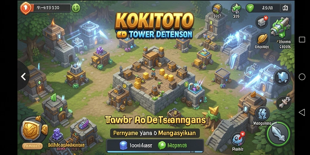 Gambaran gameplay KOKITOTO dengan menara yang strategis dalam Tower Defense.