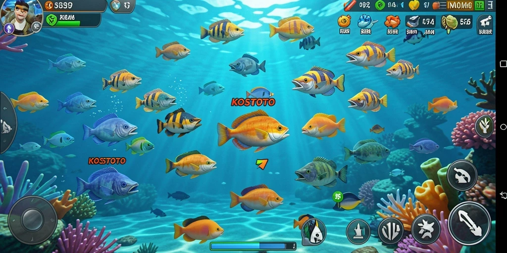 Tampilan permainan KOSTOTO dengan ikan yang beragam dan grafik yang menarik.