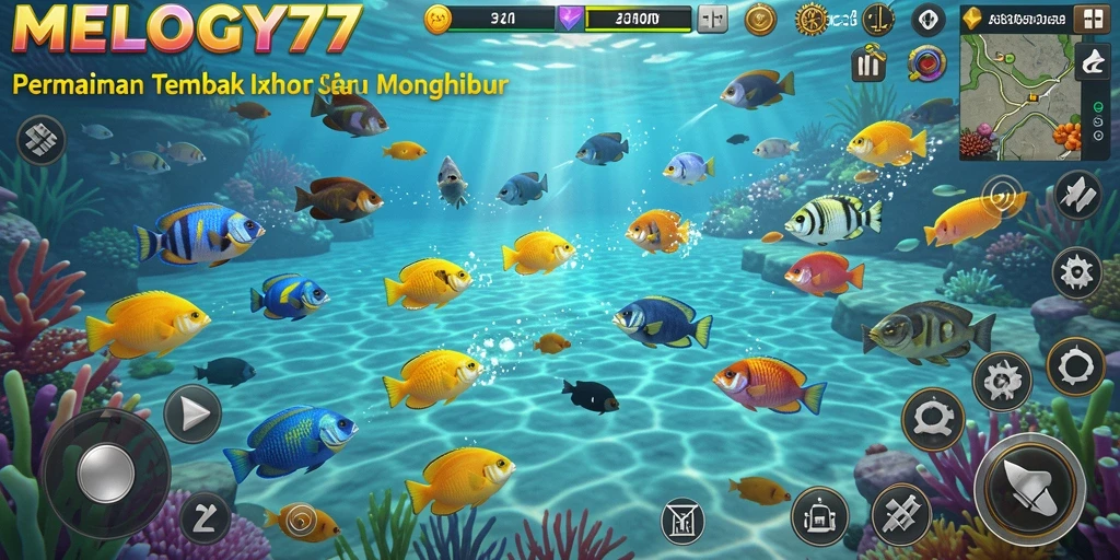 Tampilan gameplay seru Tembak Ikan MELODY77 dengan berbagai senjata.