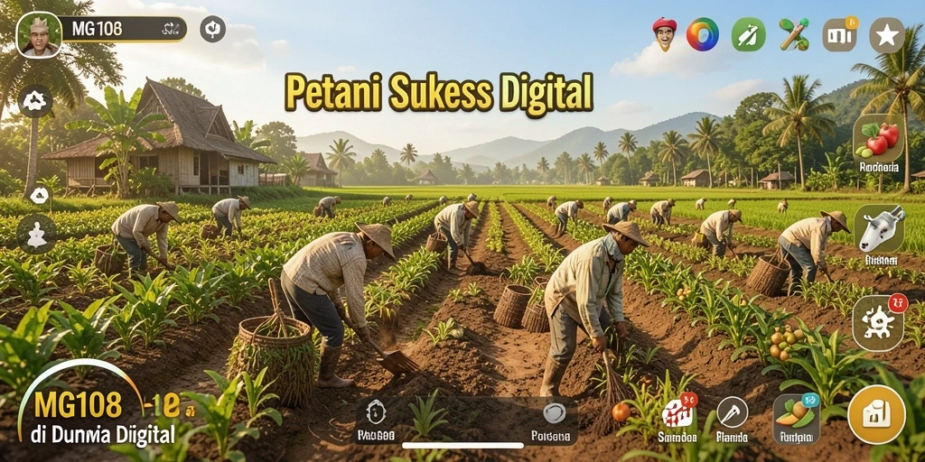 Tangkapan layar gameplay MG108 menampilkan ladang yang rimbun dan hewan ternak yang bahagia.