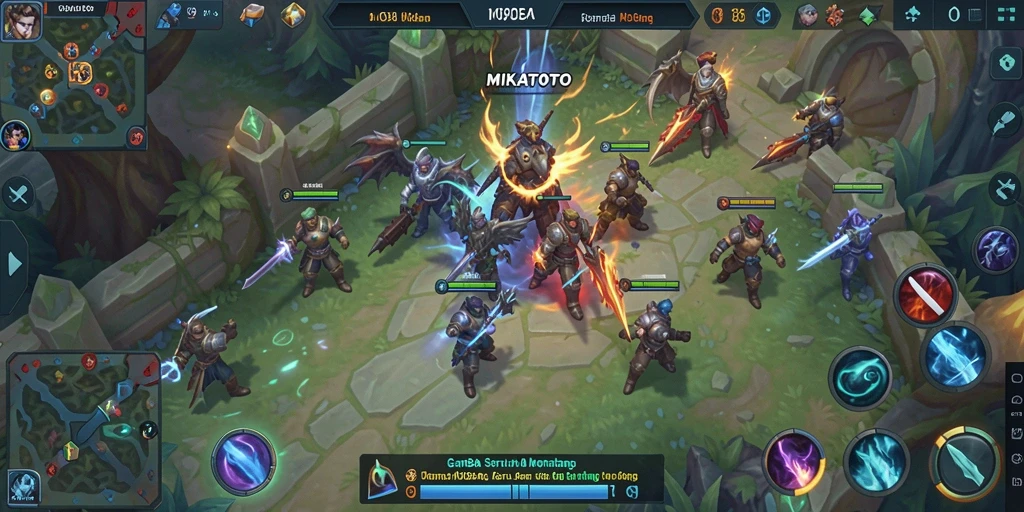 Screenshot gameplay MIKATOTO menampilkan pertarungan intens antar tim.
