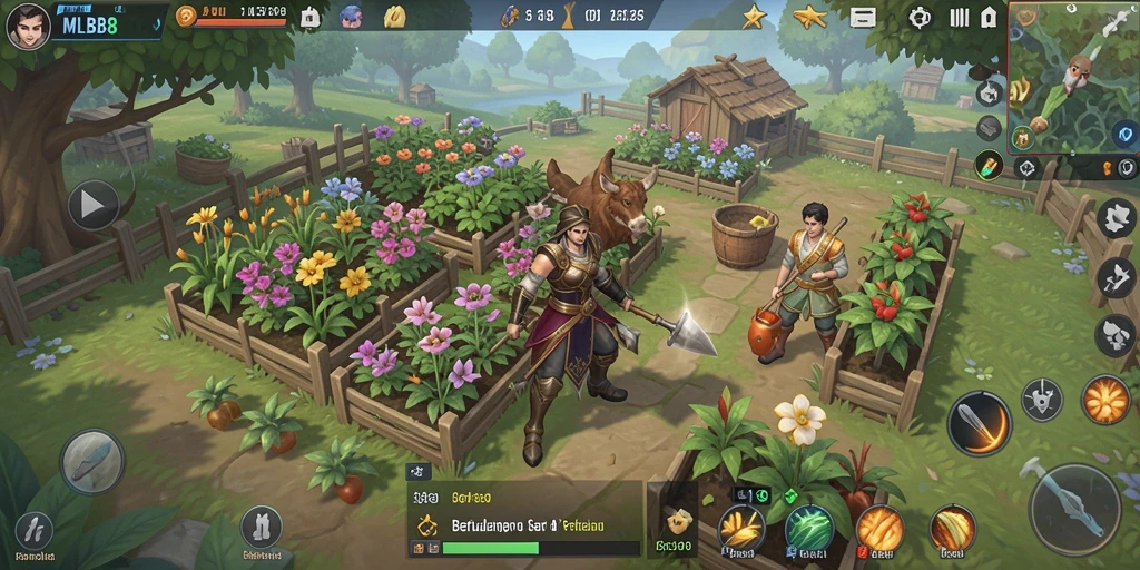 Tampilan gameplay MLBB8 dengan kebun yang subur dan hewan ternak.