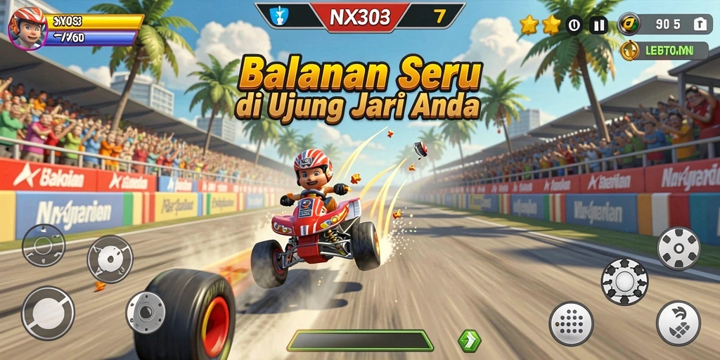 Screenshot utama NX303 menampilkan aksi balapan yang mendebarkan.
