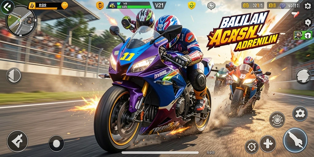 Screenshot V21 menampilkan aksi balapan motor yang seru dan menegangkan.