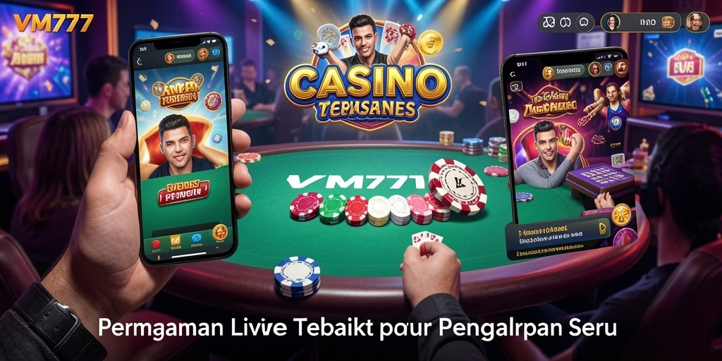 Tampilan utama gameplay VM777 dengan dealer langsung dan interaksi pemain.