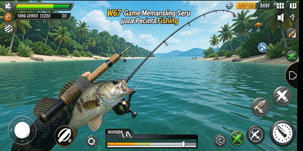 Screenshot W67 menampilkan momen menangkap ikan yang mendebarkan.